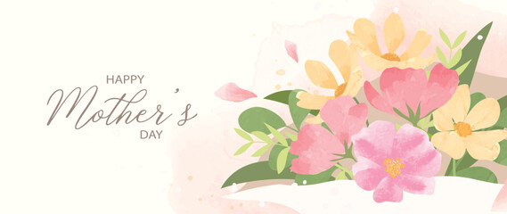 Fototapeta na wymiar Happy mother's day background vector. Watercolor floral wallpaper design with leaf branch, flower bouquet. Mother's day concept illustration design for cover, banner, greeting card, decoration.