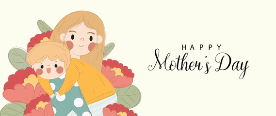 Happy mother's day background vector. Cute family wallpaper design with mom hugging kid, flowers. Mother's day concept illustration design for cover, banner, greeting card, decoration.