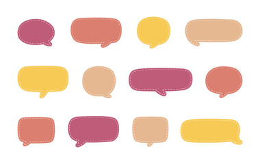 Blank Cute Speech Bubble with Dashed Line. Simple Flat Scrapbook Stitched Design Vector Illustration Set.