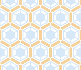A blue and yellow geometric pattern with the word hexagons