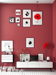 Photo of a cozy living room with vibrant red walls and stylish wall art