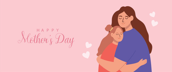 Happy mother's day background vector. Cute family wallpaper design with mom hugging kid, flowers. Mother's day concept illustration design for cover, banner, greeting card, decoration.