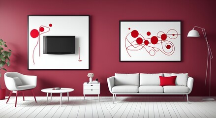 Photo of a modern living room with striking red walls and sleek white furniture