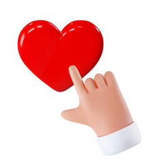 3d render of a hand and heart. Press on the heart with the index finger of a human hand. Like. Vector illustration of icon for social media, print, banner, web