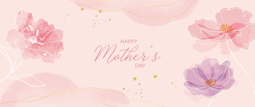 Happy mother's day background vector. Watercolor floral wallpaper design with colorful wild flowers, leaves. Mother's day concept illustration design for cover, banner, greeting card, decoration.