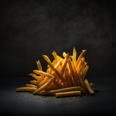 Scattered fried, baked french fries on a black background
 Generative AI