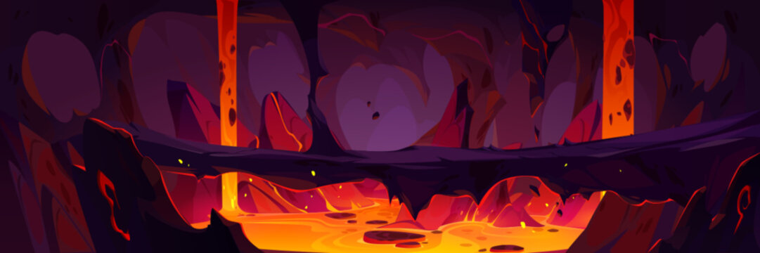 Lava flow inside volcano cave. Vector cartoon illustration of hell landscape with hot magma river under stone bridge between rocky mountain walls. Underground inferno tunnel. Adventure game background
