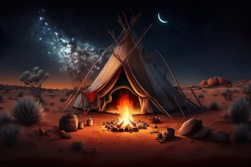Gardinen Tent And Campfire At Night Landscape With Starry Sky - Generative AI © FotoIdee