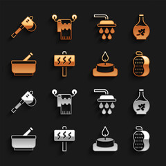 Set Sauna, Essential oil bottle, Washcloth, Aroma candle, Mortar pestle, Shower, Wooden axe and Towel on hanger icon. Vector