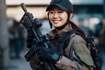 Asian female soldier stands tall in her armored suit, holding a formidable long gun in her hands. generative AI