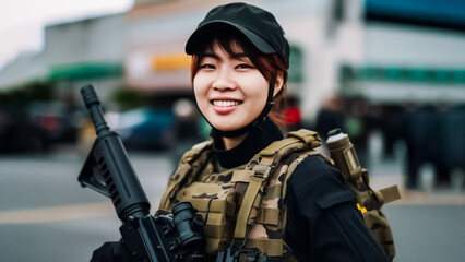 Fototapeta premium Asian female soldier stands tall in her armored suit, holding a formidable long gun in her hands. generative AI