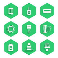 Set Engine piston, Traffic cone, Car air filter, Tire pressure gauge, Canister for motor machine oil, tire wheel, audio and radiator cooling system icon. Vector