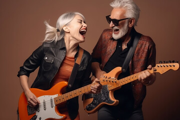 Obraz premium A man and a woman singing and playing guitars