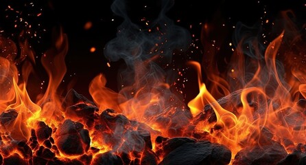 Fototapeta na wymiar burning charcoal on black background with flames. Generative AI