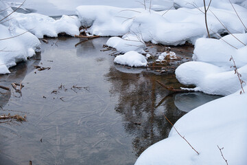 Small creek in Altai village Ust'-Lebed' in winter season