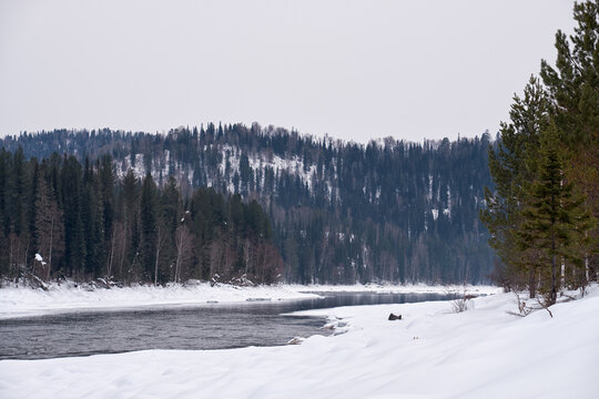 Altai river Biya in winter season. Banks of river are covered by ice and snow.