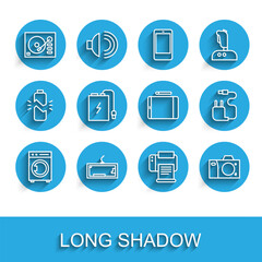 Set line Washer, Keyboard, Vinyl player, Printer, Photo camera, Power bank with charge cable, Charger and Graphic tablet icon. Vector