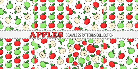 Apples vector seamless patterns collection. Red and green apples, cut slices and seeds on white background. Best for textile, wallpapers, home decoration, wrapping paper, package and web design.