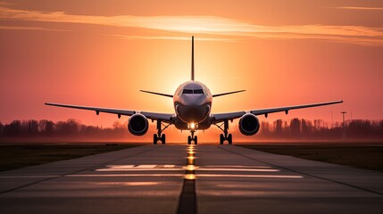 A plane is about to take off from a runway at sunset., generative ai