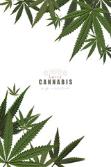 Natural green cannabis leaves frame for text. Rectangular template plant