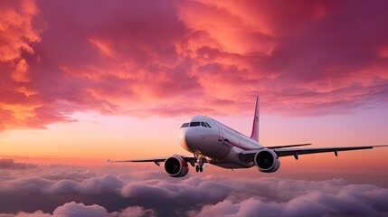 Fototapeta na wymiar A plane flies over the clouds at pink sunset, generative ai