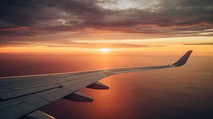 Obraz premium A plane wing in the sky at sunset, generative ai