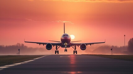 Naklejka premium A plane is about to take off from a runway at sunset., generative ai