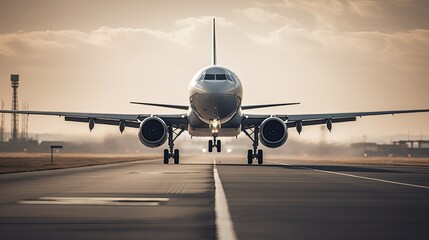 Fototapeta na wymiar A plane taking off from an airport runway, generative ai