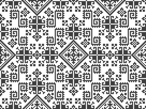 Zmijanjski vez embroidery style vector seamless pattern - textile or fabric print ispired by cross-stitch folk art designs from Bosnia and Herzegovina in black and white
