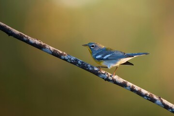 Closeup of a Northern Parula perching on a wooden stick
