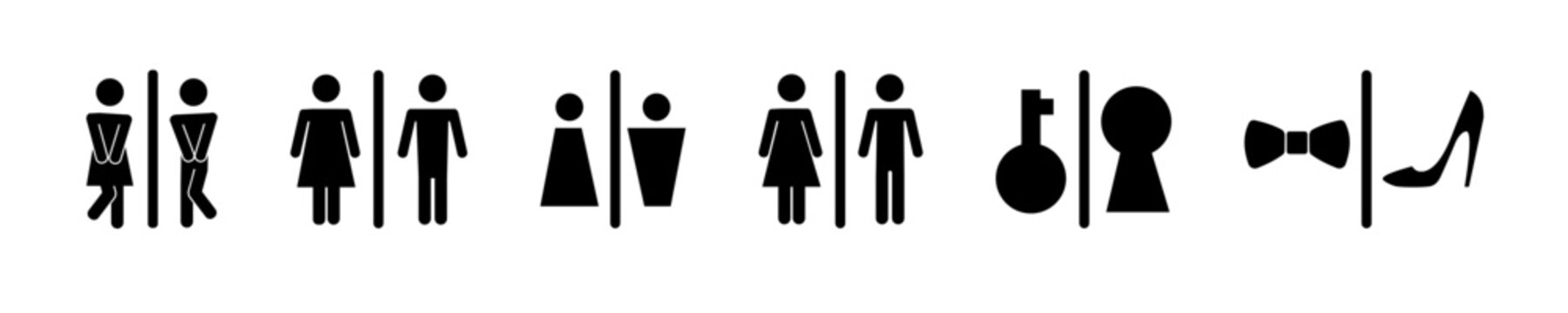 Restroom or bathroom for man and woman to peeing. Funny vector WC pictogram icon or sign. World toilet day. Stickman bath room. Unisex. Clean the toilets
