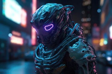 Fototapeta na wymiar Neon Nightmare: A Fiery Cyberpunk Alien Showdown in the Darkness Generative AI 6