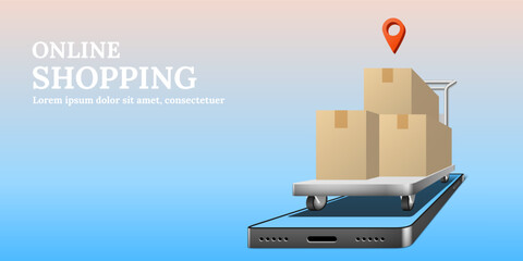 Parcel packaging boxes with location map pin on shopping cart on phone. Online shopping concept 3d vector.