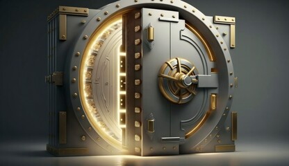 3D Render of an open silver bank vault with golden light shining inside.Generative AI