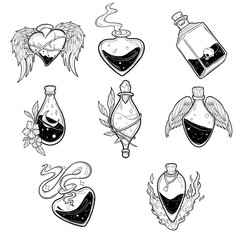 Hand drawn magic bottle set. Vial of poison. Vector illustration isolated. Tattoo design, magic symbol for your use.