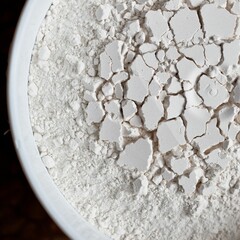 Top view of cracked flour in a white bowl