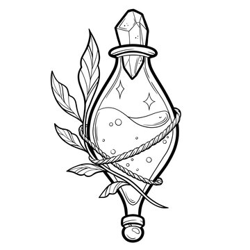 Hand drawn magic bottle. Vial of poison. Vector illustration isolated. Tattoo design, magic symbol for your use.