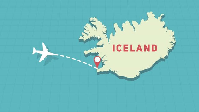 Plane flying to Iceland, 2d aircraft fly animation with map of island, air travel and holiday concept, flight path, aircraft landing in Keflavik Airport
