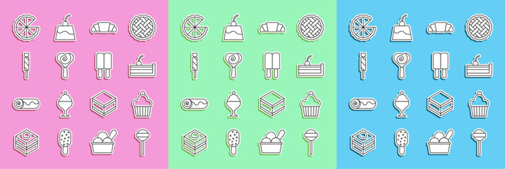 Set line Lollipop, Cake, Cherry cheesecake, Croissant, Candy, Homemade pie and Ice cream icon. Vector