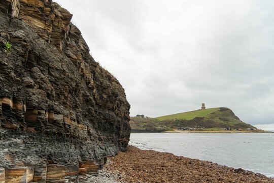 The coastal view at Kimmeridge Bay, Dorset, UK, showing the layers of oil shale, mudstone, limestone