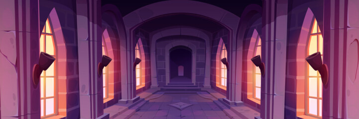 Ancient palace or castle interior. Old building corridor with windows, pillars, stone walls and torches. Medieval castle or temple gallery, vector cartoon illustration © klyaksun