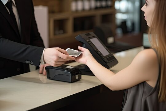 Hand using payment terminal device and credit card, side view close up, mobile payment ,Credit card payment , pos and customer hands, generative