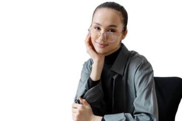 Portrait of a stylish woman in glasses and formal clothes, transparent background, isolated.