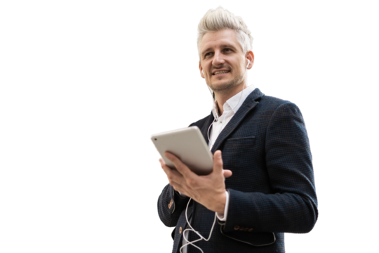 A man is smiling using a tablet in a business suit going to work in a bank, transparent background.