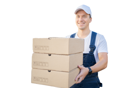 A satisfied courier in uniform, a young man working carries an order box in a courier company for delivery, transparent background.