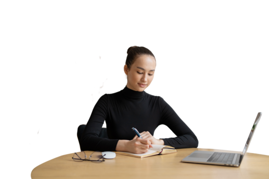 A business woman writes a letter workplace in the office, transparent background.