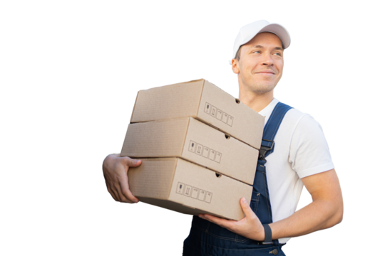A satisfied courier in a uniform, a man carries an order box in a courier company for delivery, transparent background.