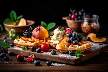 Belgium waffles with fruits and ice cream