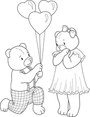 Hand-drawn coloring page with teddy bears. Black and white images on white background.