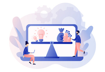 Money for ideas. Tiny people sell business idea online. Investment in creative project or startup company. Balance metaphore. Modern flat cartoon style. Vector illustration on white background